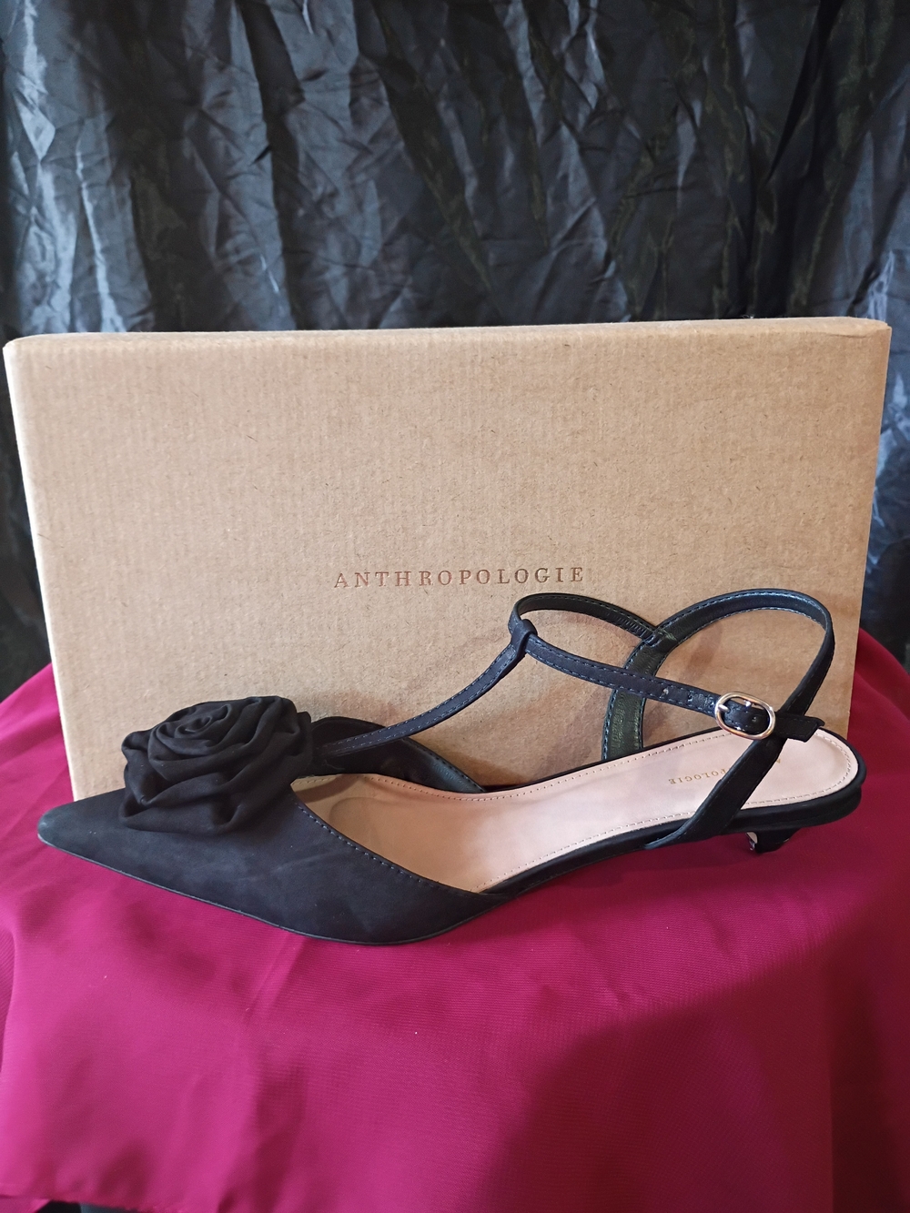 Anthropologie Black Pointed Slingback with Rosette Accent